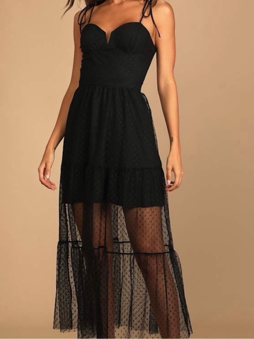 Lulus Romantic Spot Black Polka Dot Mesh Tiered Midi Dress Size XL NWT Tie Strap